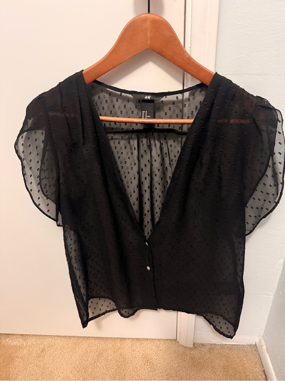 H&M Black Sheer Swiss Dot Flutter Sleeve Blouse